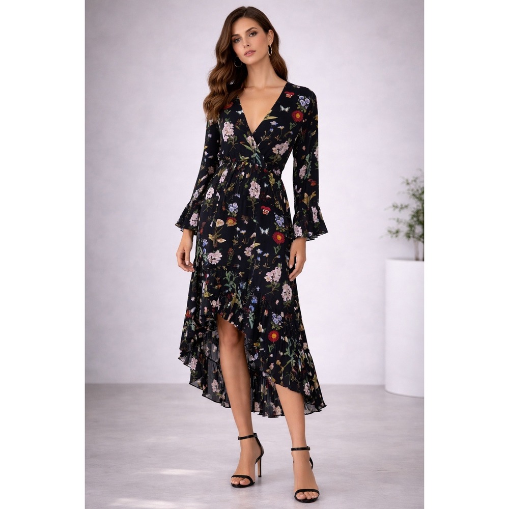 Joie Analena Dress Black Floral Ruffle Romantic Dark Feminine Asymmetrical Small